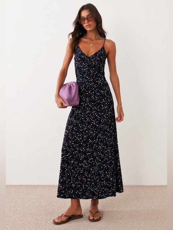 AFRM Dresses & Skirts - Spaghetti Strap Black Maxi Dress with Multicolor heart Print